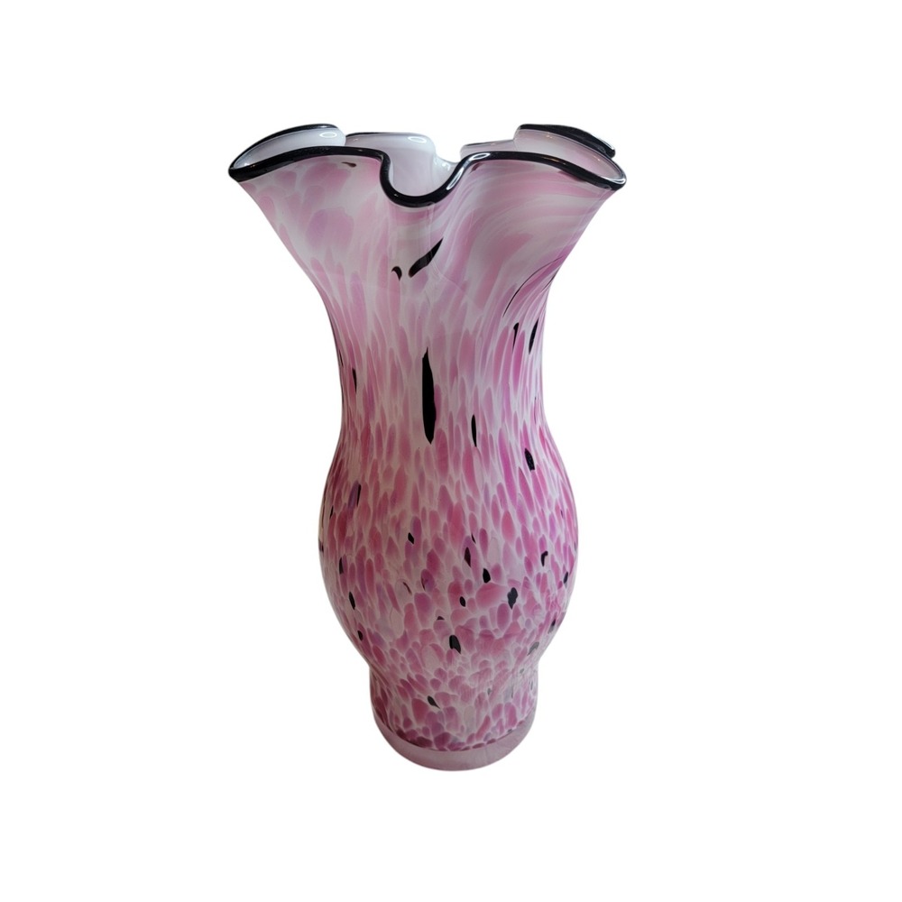 Hand Blown Art Glass Vase Pink Speckled Black White Ruffled Floral Studio Decor